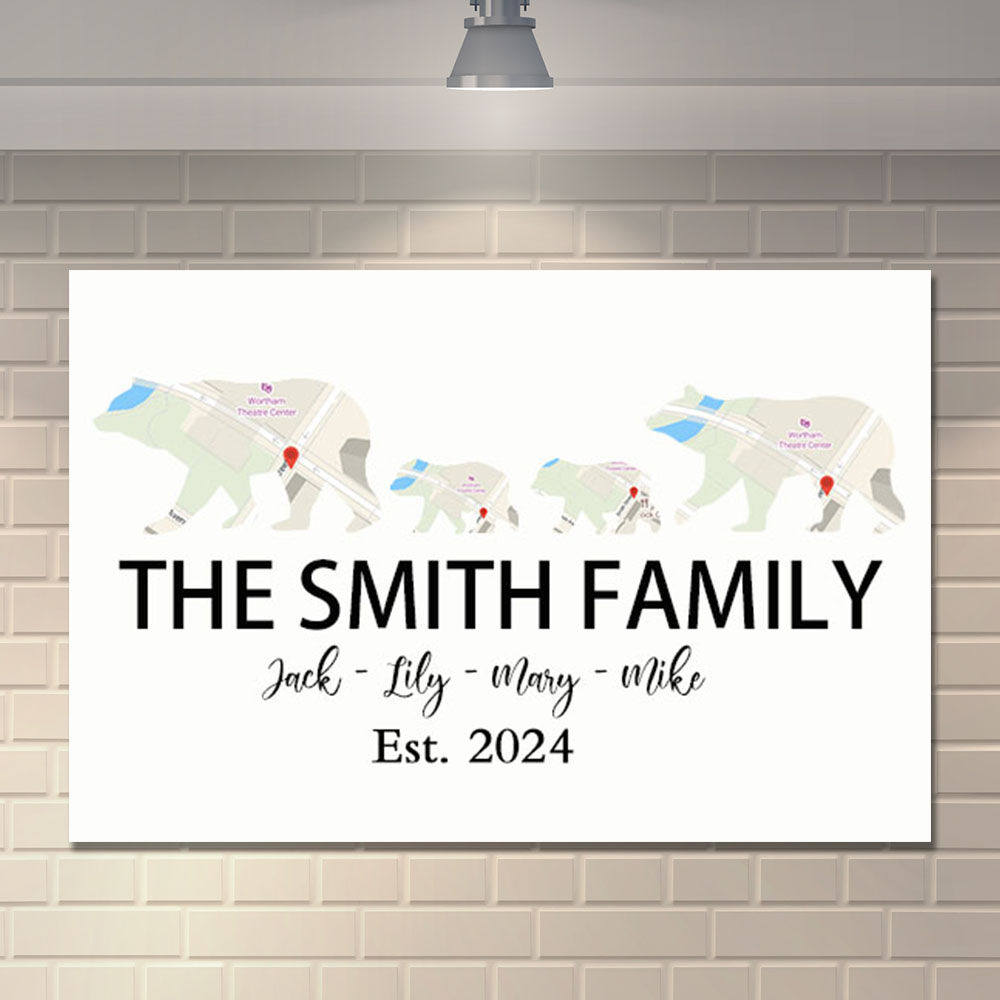 Personalized Name Canvas Wall Art Custom Map Bear Family Best Present for Dear Dad