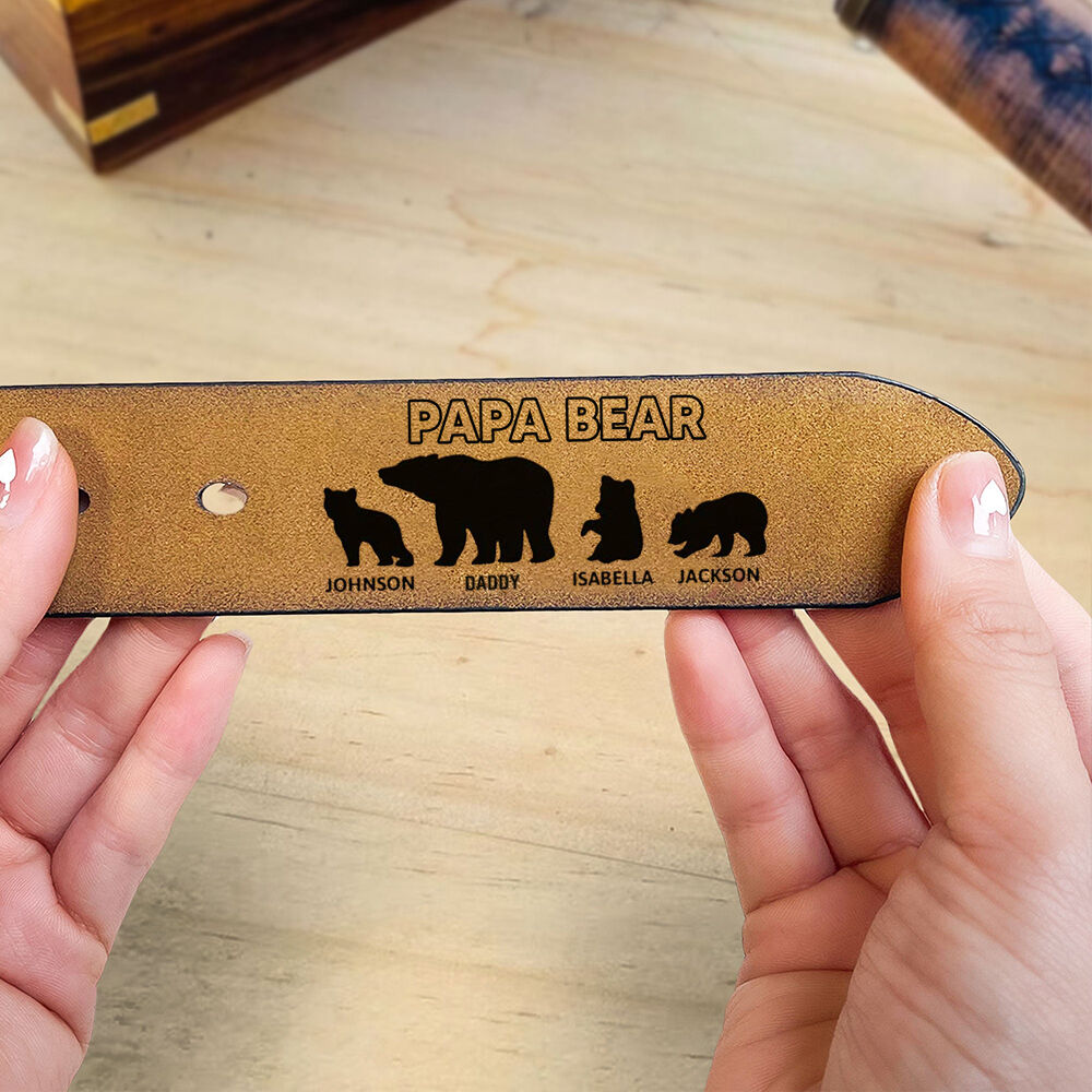 "Papa Bear Family" Personalized Engraved Leather Belt Unique Gift for Dad or Grandpa