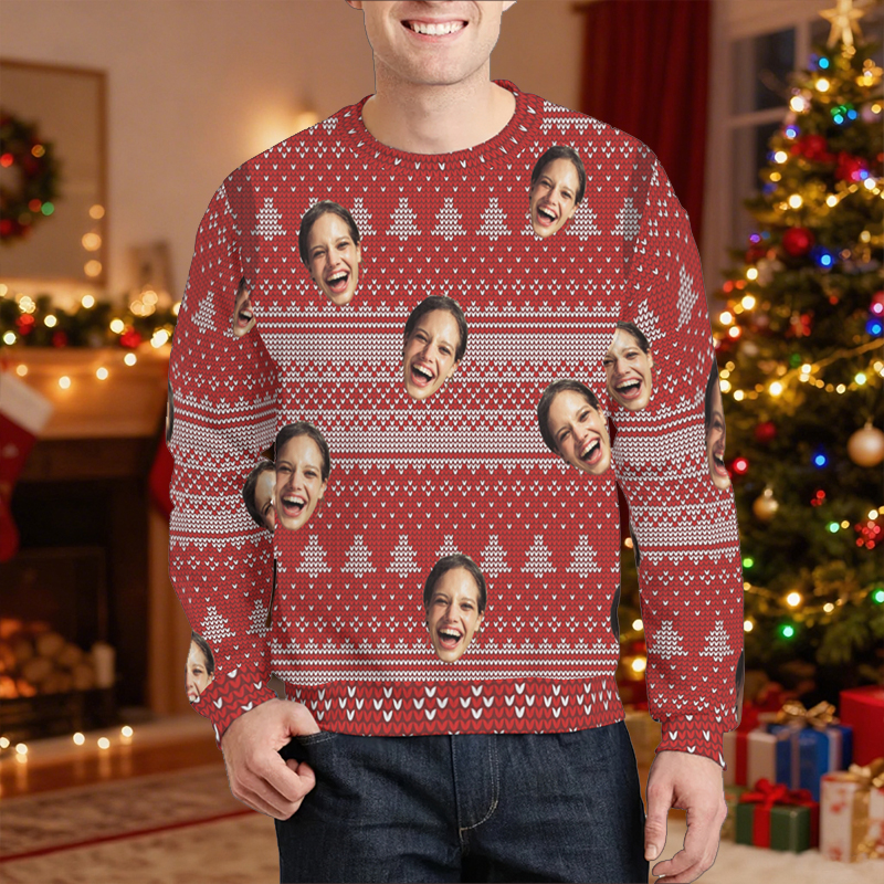 Personalized Ugly Sweater Unisex Custom Face Photo Red Festival Style Design Christmas Gift for Couples