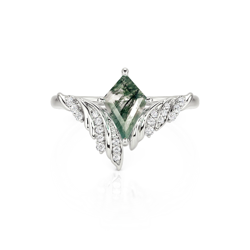 Jeulia Pave Winged Kite Cut Moss Agate Engagement Ring