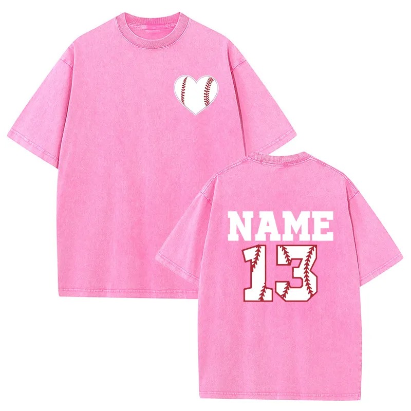 Baseballtvättad T-shirt med baseballhjärta anpassat nummer och namn present till sportälskaren