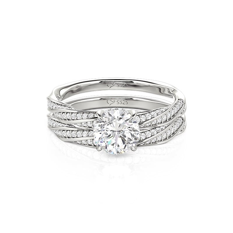 Jeulia Twist Pave Round Cut Bridal Ring Set Sterling Silver