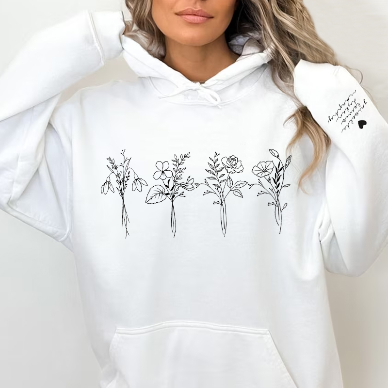 Personalisierte Hoodie wunderschöne Geburt Blume mit benutzerdefinierten Namen auf dem Ärmel einzigartiges Geschenk für sie