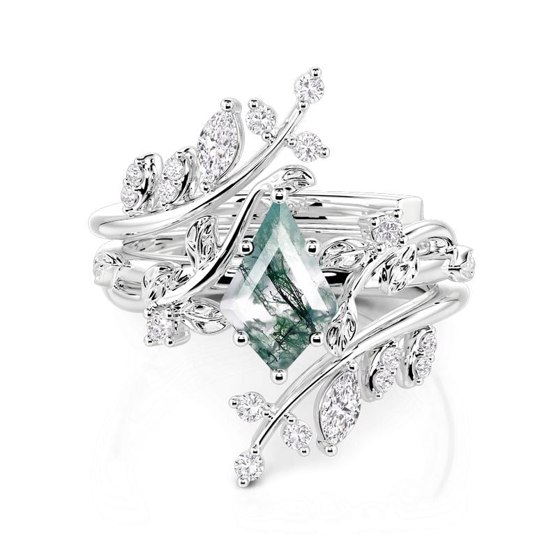 Jeulia Leaf Branch Kite Cut Moss Agate Bridal Set 2PCS