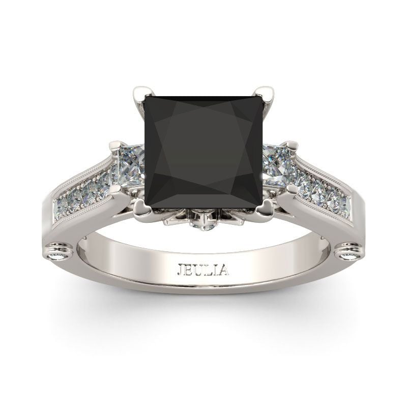 Black Stone Princess Cut Engagement Rings in Sterling Silver