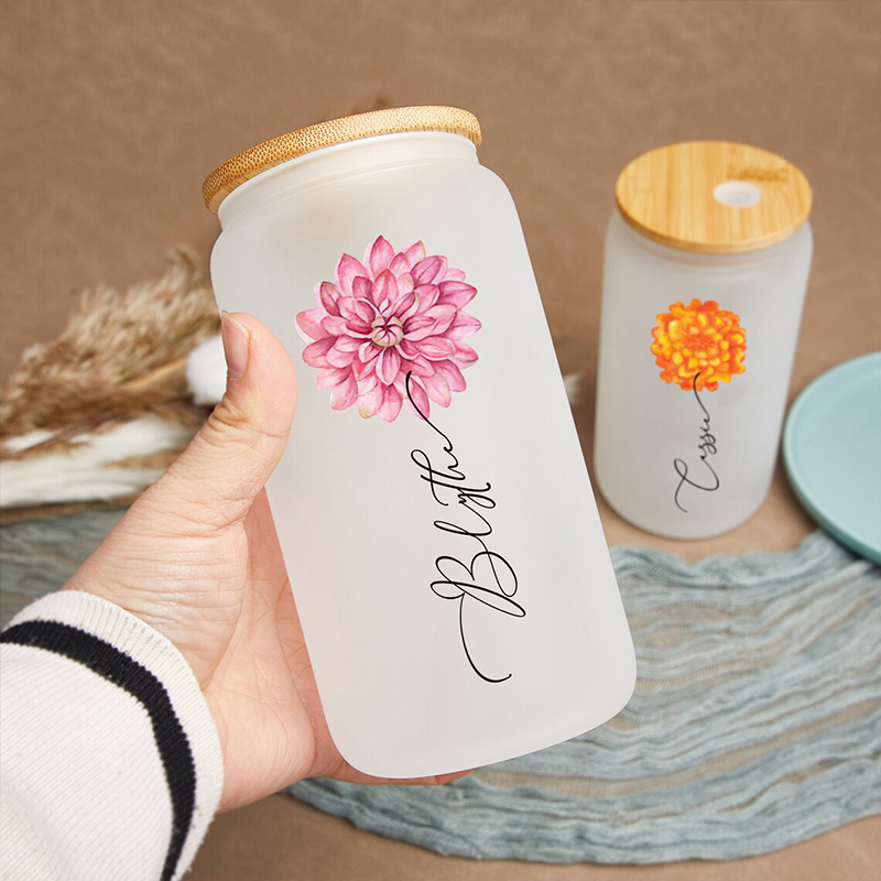 Personalized Birth Flower And Name Glass Cup with Lid And Straw Magical Present for Christmas Day