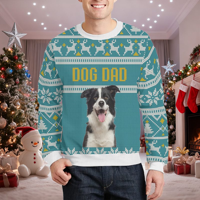 Gepersonaliseerde lelijke trui Unisex Op maat gemaakt met foto van huisdier Blauw argylepatroonontwerp Kerstcadeau voor dierenliefhebbers