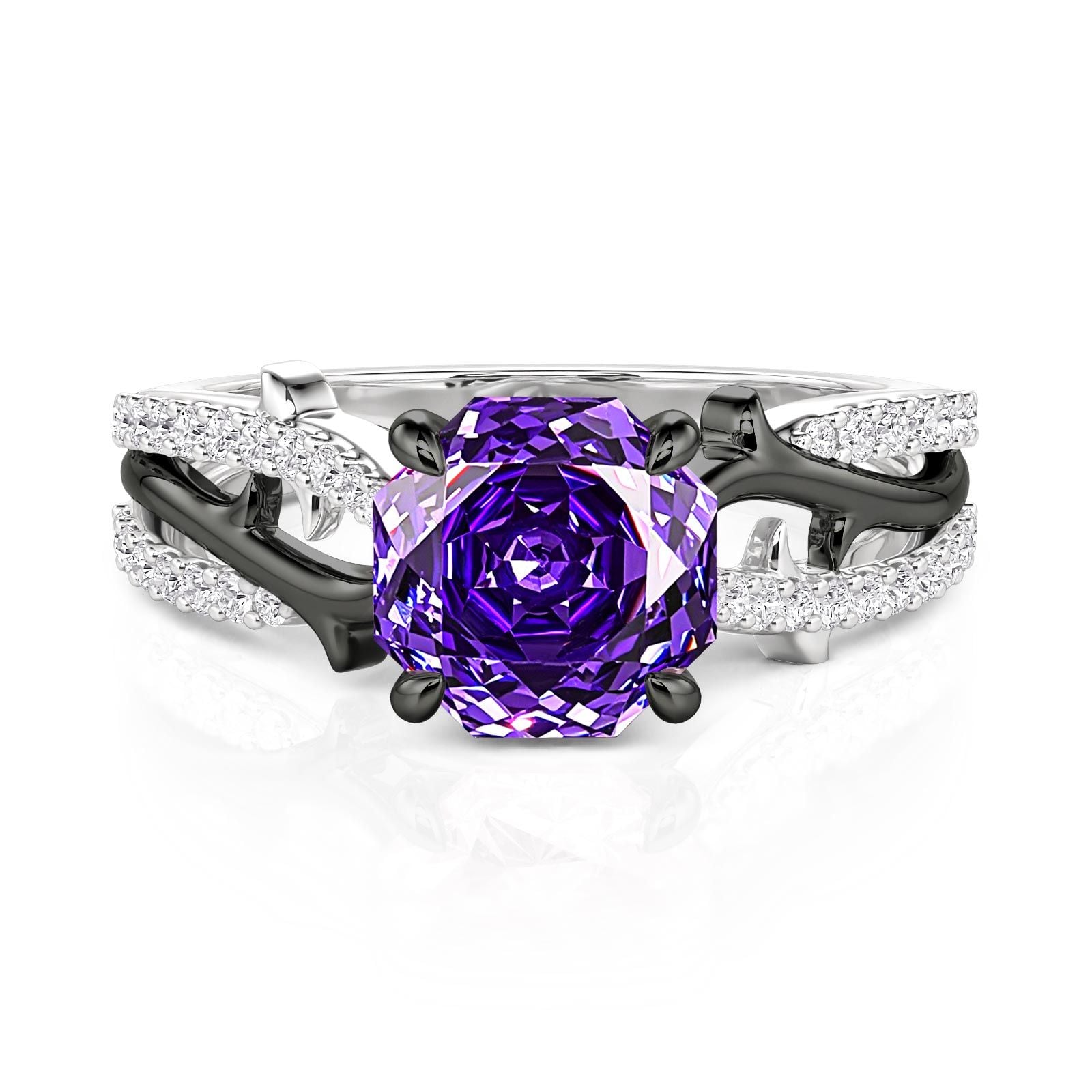 Jeulia Two-Tone Vine Purple Rose Cut Ring Sterling Silver