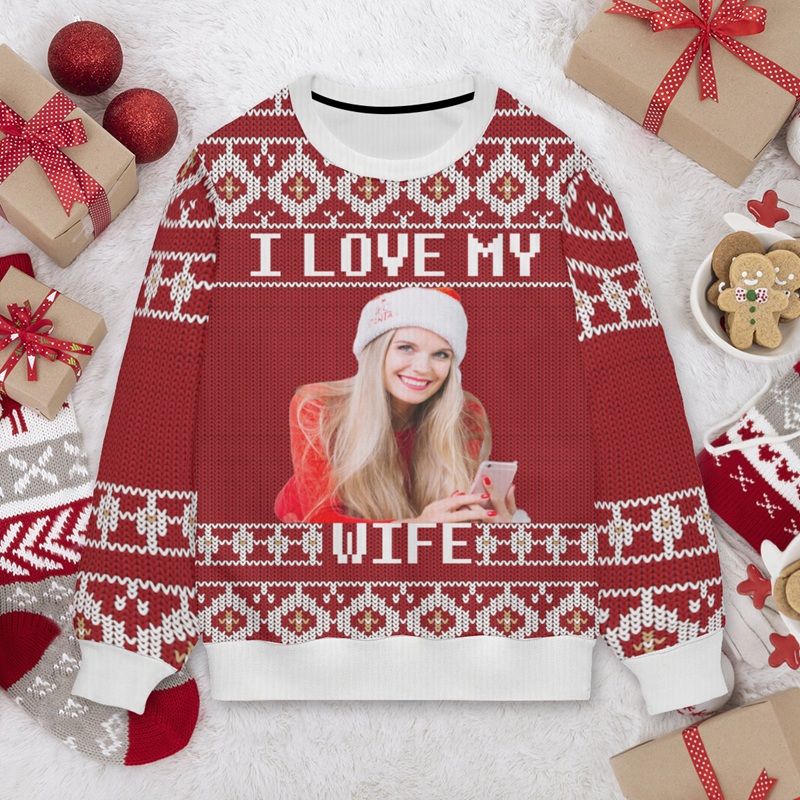 Personalized Ugly Sweater Unisex I Love My Wife Custom Photo Festive Design Christmas Gift for Loved One