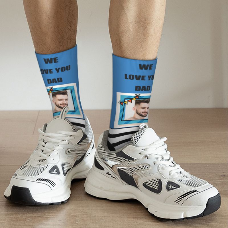 « Chaussettes personnalisées à rayures avec photo « We Love You Dad