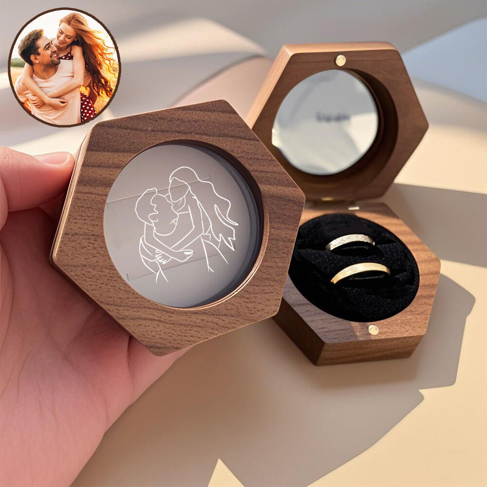 Personalized Walnut Ring Box Hexagonal Acrylic Window Vintage Jewelry Box for Marriage Proposal