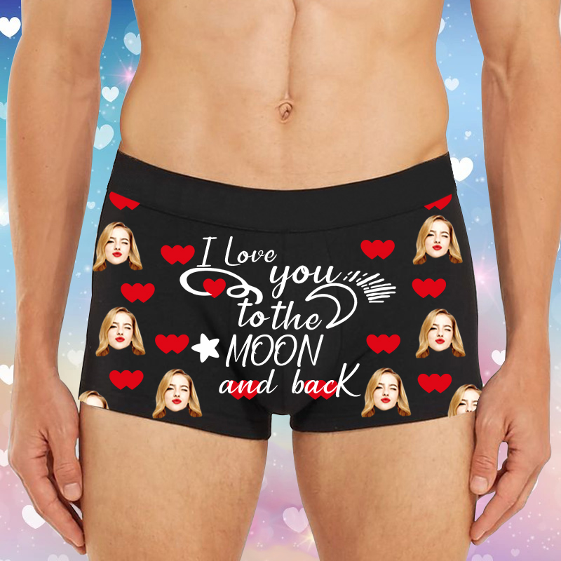 Boxer personnalisé avec photo pour homme, cadeau sympa pour lui « Je t'aime jusqu'à la lune et retour »