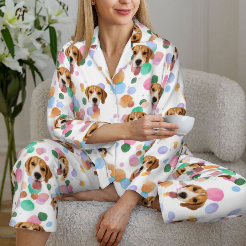 Gepersonaliseerde pyjama aangepaste foto huisdier kleurrijke inkt stippen patroon ontwerp levendig cadeau voor haar familie