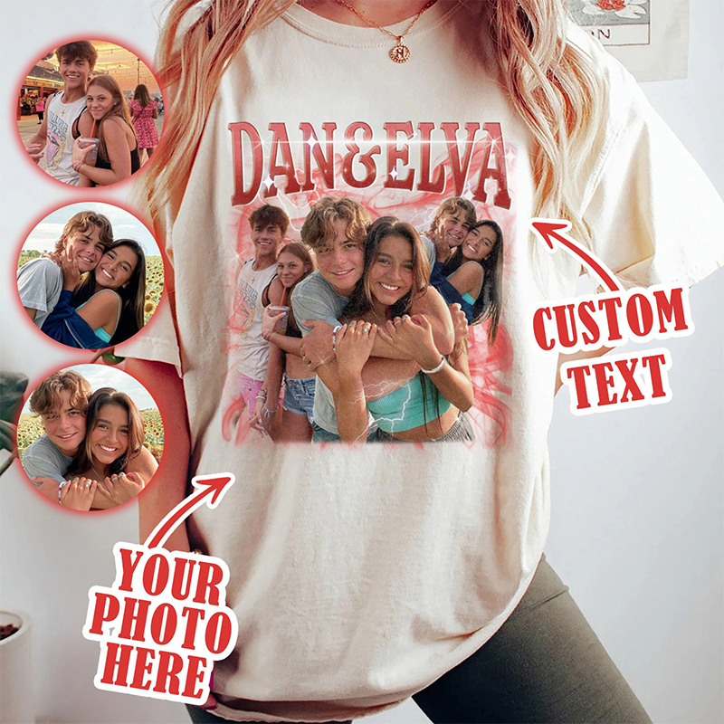 Personalized T-shirt Custom Couple Photos and Names Retro Style Design Perfect Valentine's Day Gift