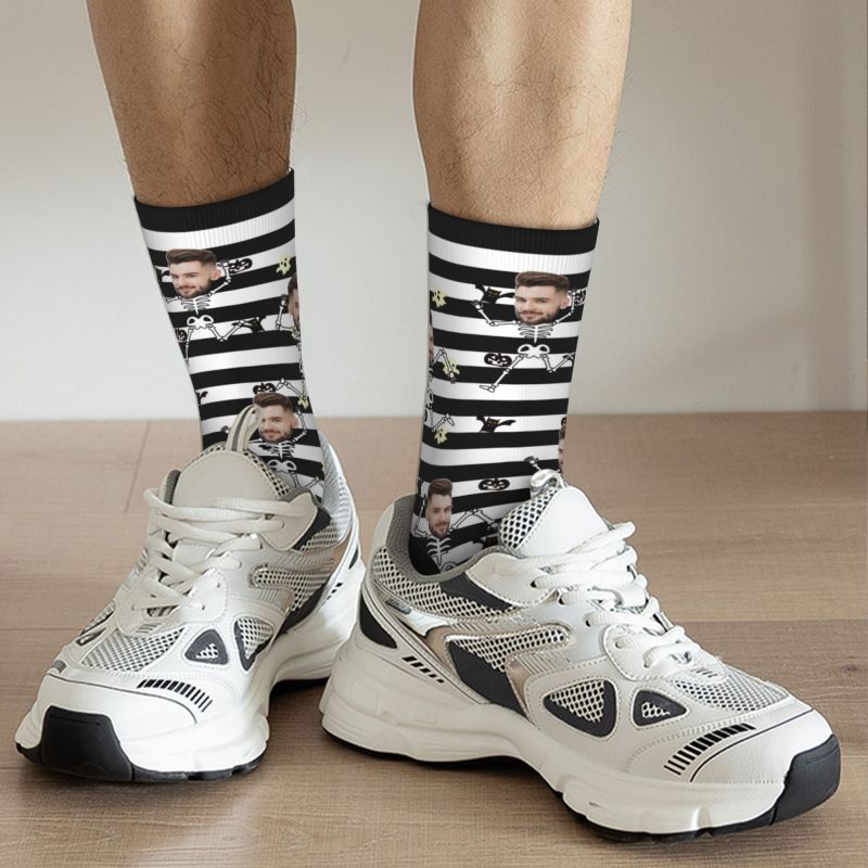 Customized Face Socks Black and White Striped Socks Spoof Skull Halloween Gift for Friends