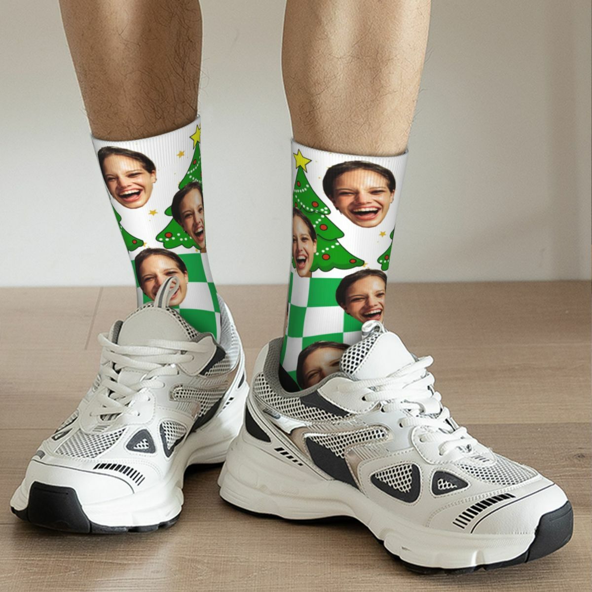 Customized Face Socks Green Plaid Christmas Tree Pattern Socks Gifts for Friends
