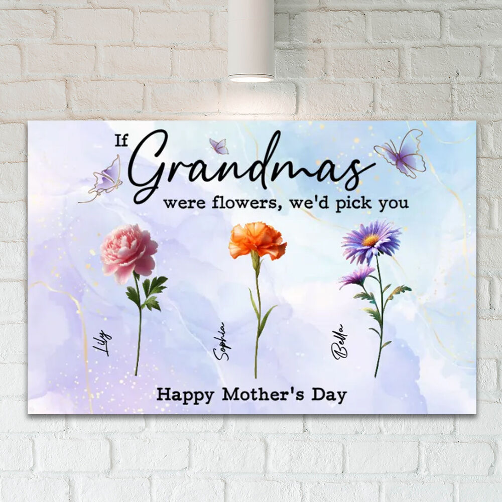 Personalized Name Canvas Wall Art with Custom Birthflower And Butterflies Pattern Beautiful Gift for Mother