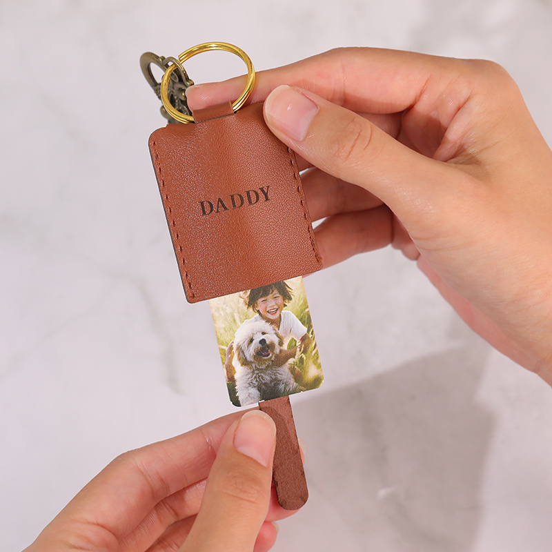 レザー 写真入れ 名入れ メッセージ入り キーホルダー カスタマイズ