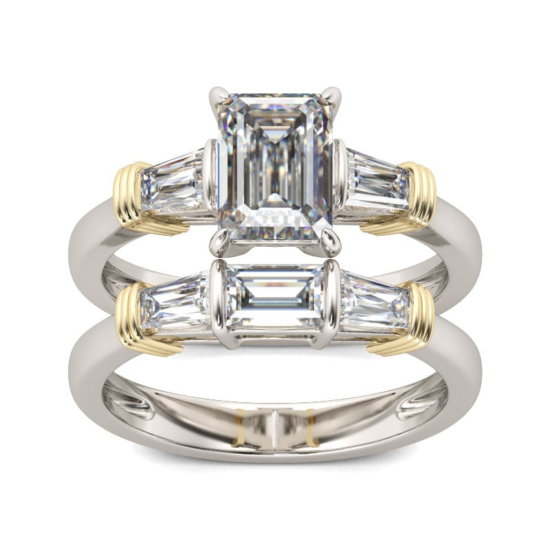Three Stone Emerald Cut Sterling Silver Ring Set Tapered Baguette
