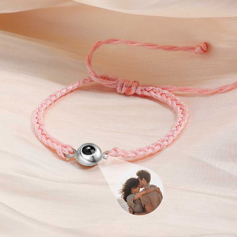 Bracelet Projecteur Photo Cercle Personnalisé pour Femmes et Hommes Argenté avec Corde Rose