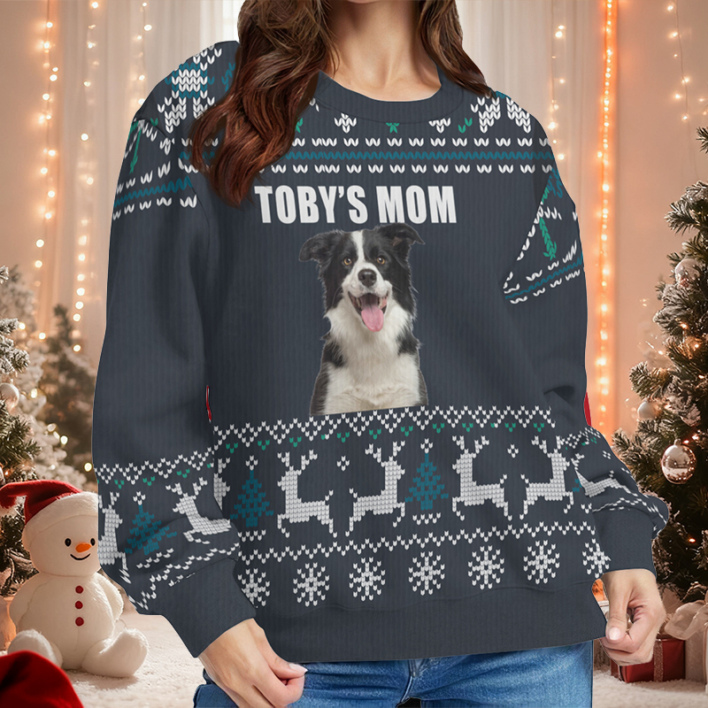 Personalized Ugly Sweater Unisex Pet's Mom Custom Photo Gray Style Design Christmas Gift for Pet Lovers
