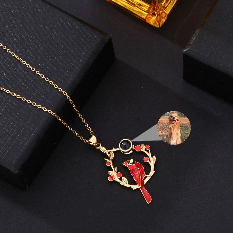 Personalized Picture Projection Necklace with Cardinal Bird in Droplets  "We Are Always with You"