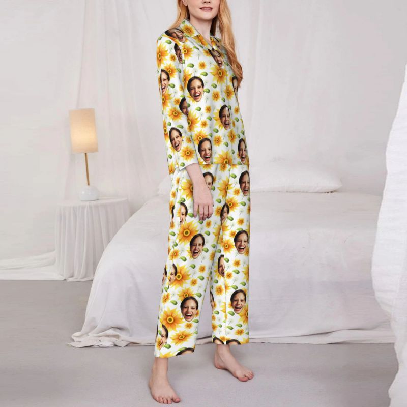 Personalized Pajamas Custom Photo Bright Sunflower Leaves Pattern Design Attractive Gift for Her