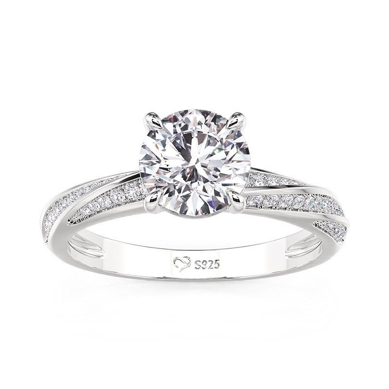 Bague De Fiançailles Art Déco En Argent - Solitaire Moissanite Ronde 7mm, Fait Main, Gravée