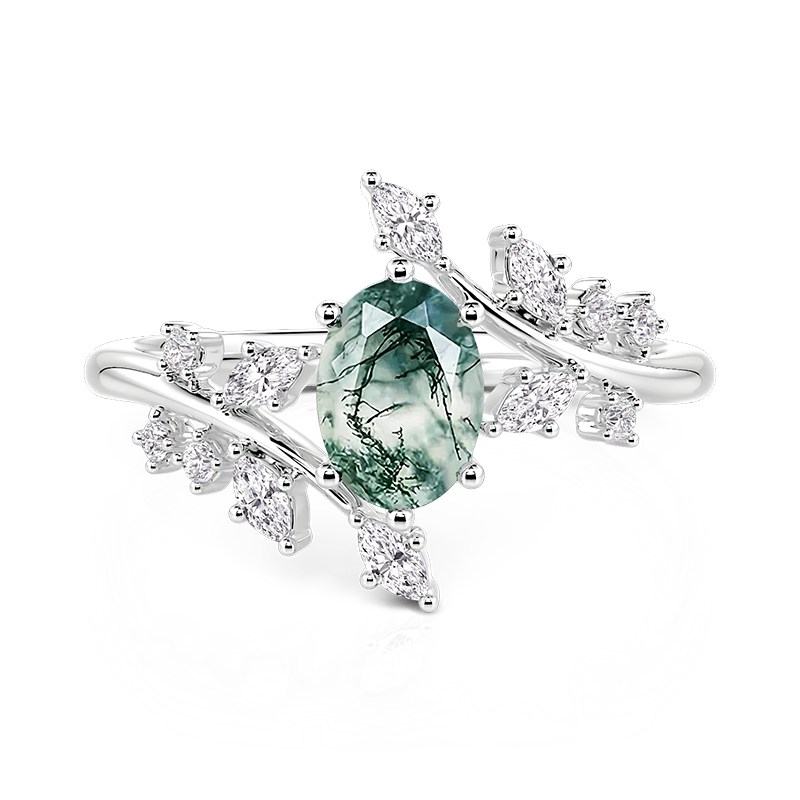 Jeulia Nature-Inspired Bypass Oval Moss Agate Engagement Ring