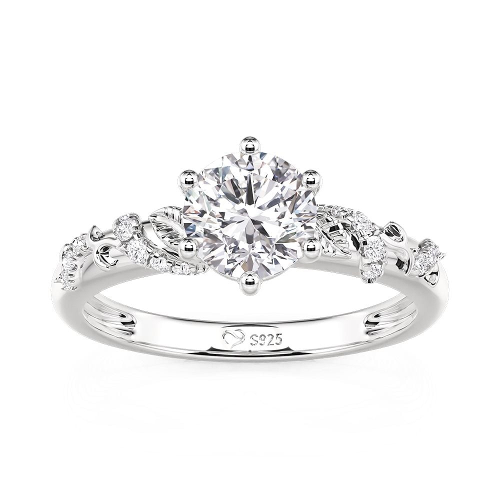 Jeulia Branch-Leaf Round Engagement Ring Sterling Silver