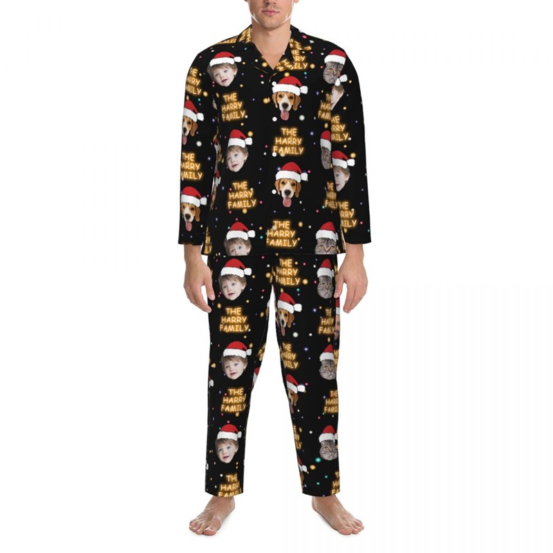 Personalized Pajamas Custom Photos with Santa Hat Design Perfect Christmas Gift for Family