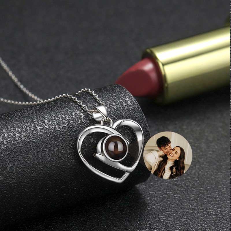Sterling Silver Personalized Photo Projection Staggered Hearts Necklace Gift