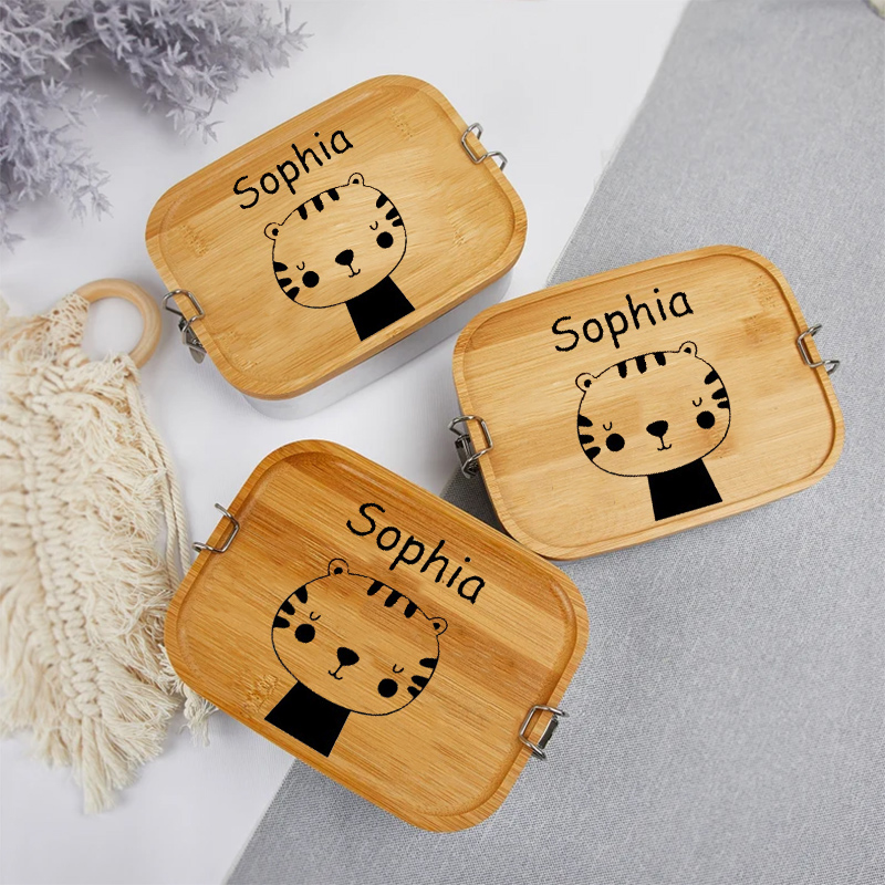 動物柄 名入れ お弁当箱 ステンレス 木製 カスタマイズ