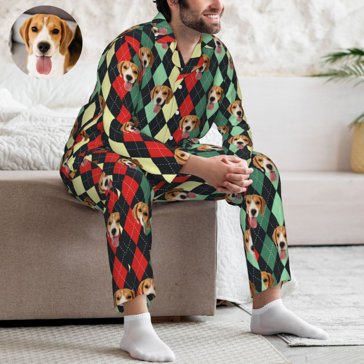 Pijama personalizado con foto de cabeza de mascota personalizada, patrón de rombos, diseño clásico, regalo exquisito para la familia