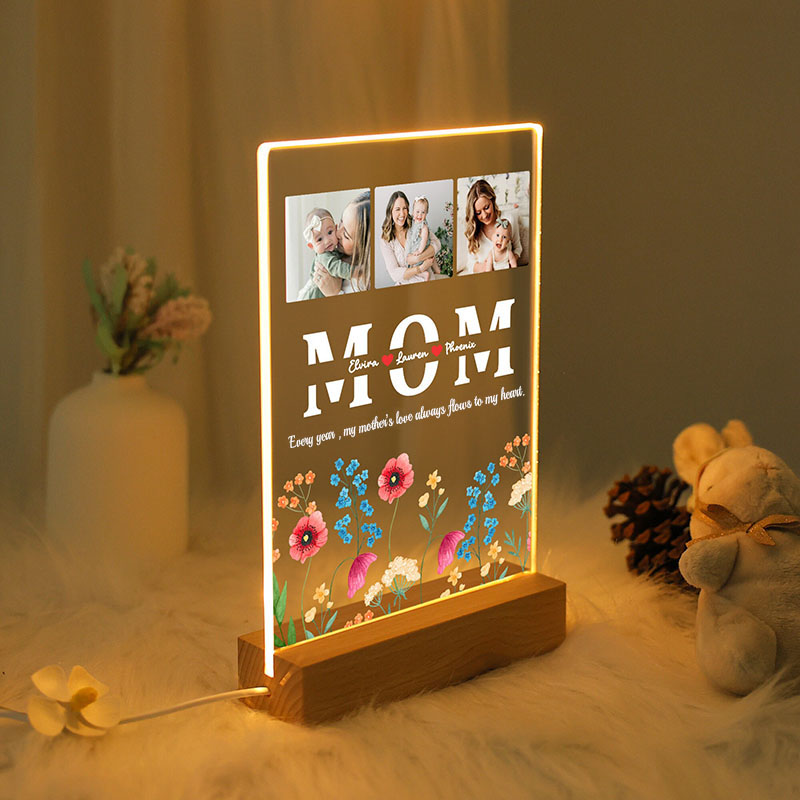 Personalized Picture Night Light with Colorful Flowers Pattern Beautiful Present for Dear Mom