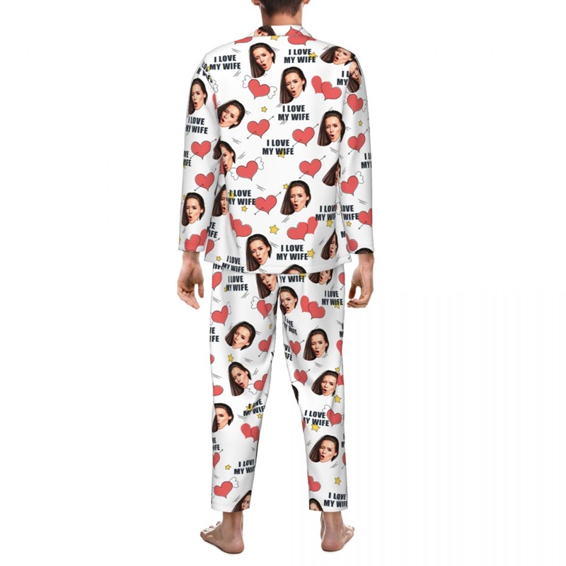 Personalized Pajamas Custom Face Photo I Love You Cute Hearts Design Perfect Gift for Couples