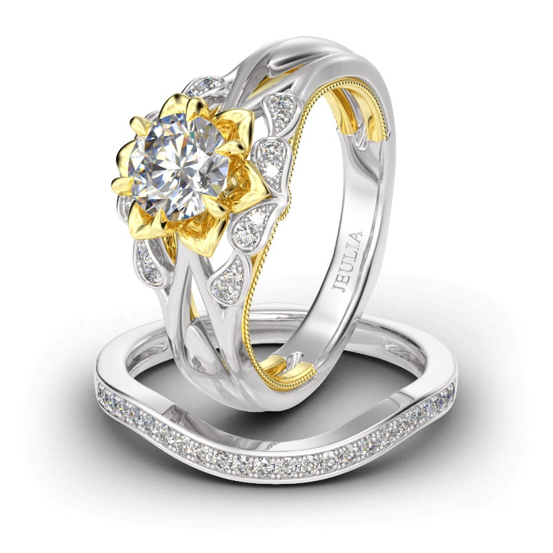 Flower Round Cut Engagement Ring Set For Women in Sterling Silver