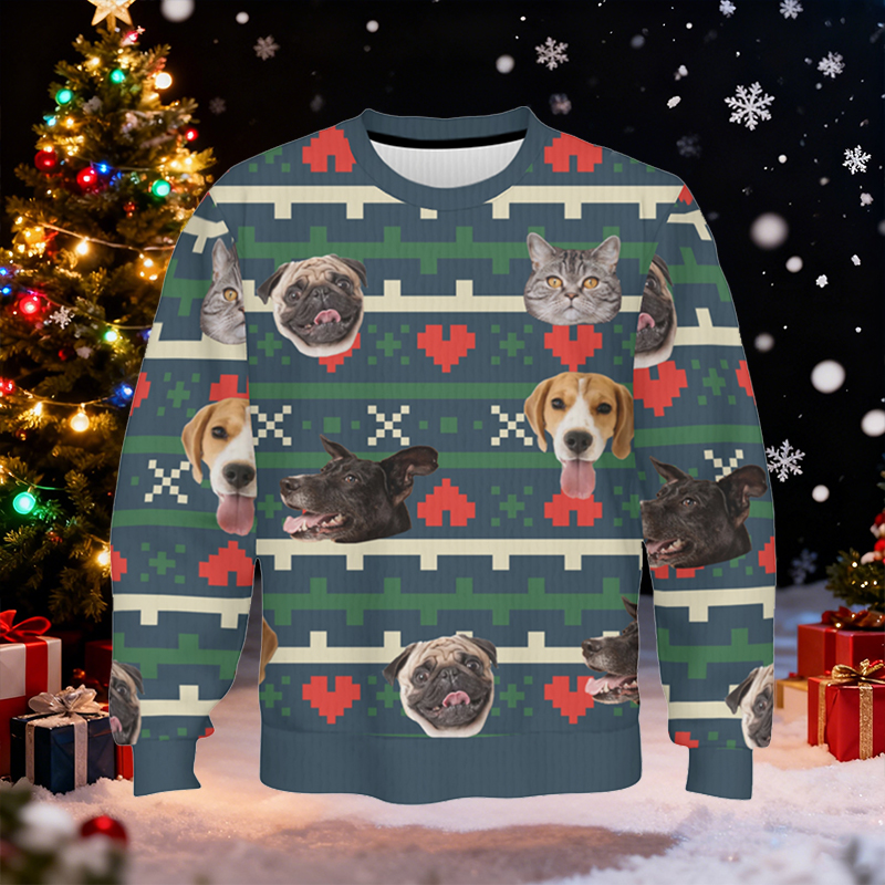 Pull moche personnalisé unisexe avec photo de la tête de votre animal de compagnie style festival cadeau de Noël pour les amoureux des animaux
