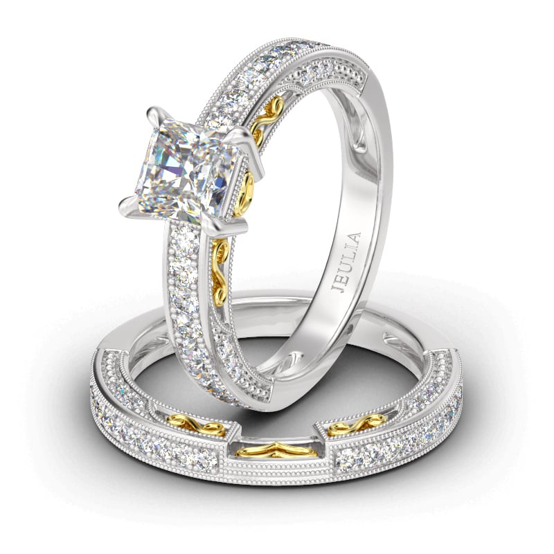 Delicate Gold Plated Filigree Princess Cut Sterling Silver Wedding Ring Set for Her