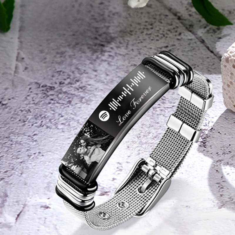 Personalized Mesh Stainless Steel Men Bracelet Custom Family Photo Musical Notes