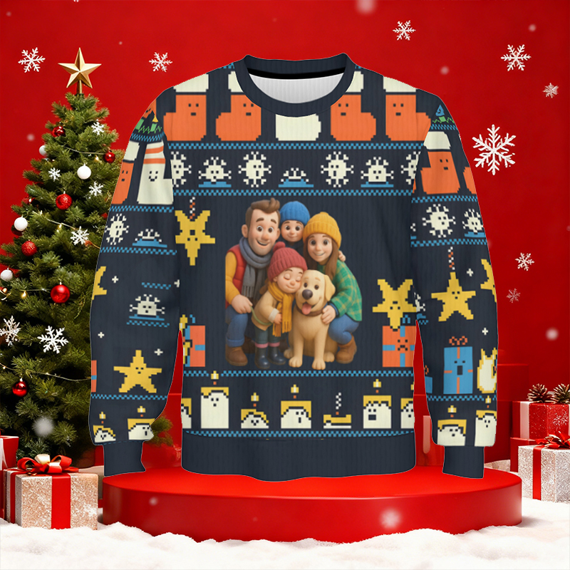 Suéter feo personalizado unisex con foto personalizada, diseño de dibujos animados lindos, regalo divertido de Navidad para la familia