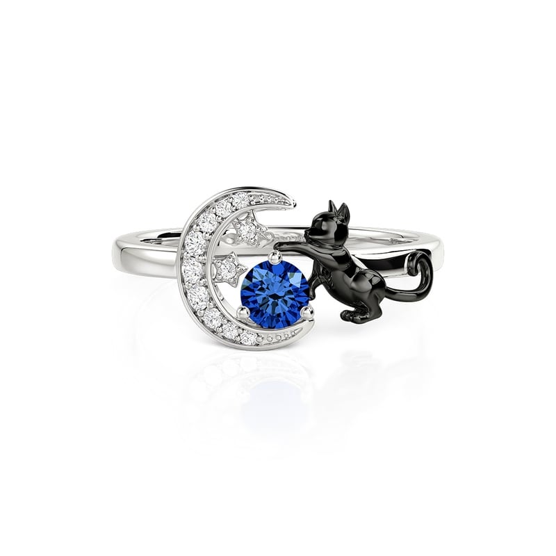 Jeulia Custom Black Cat Moon and Star Ring With Birthstone