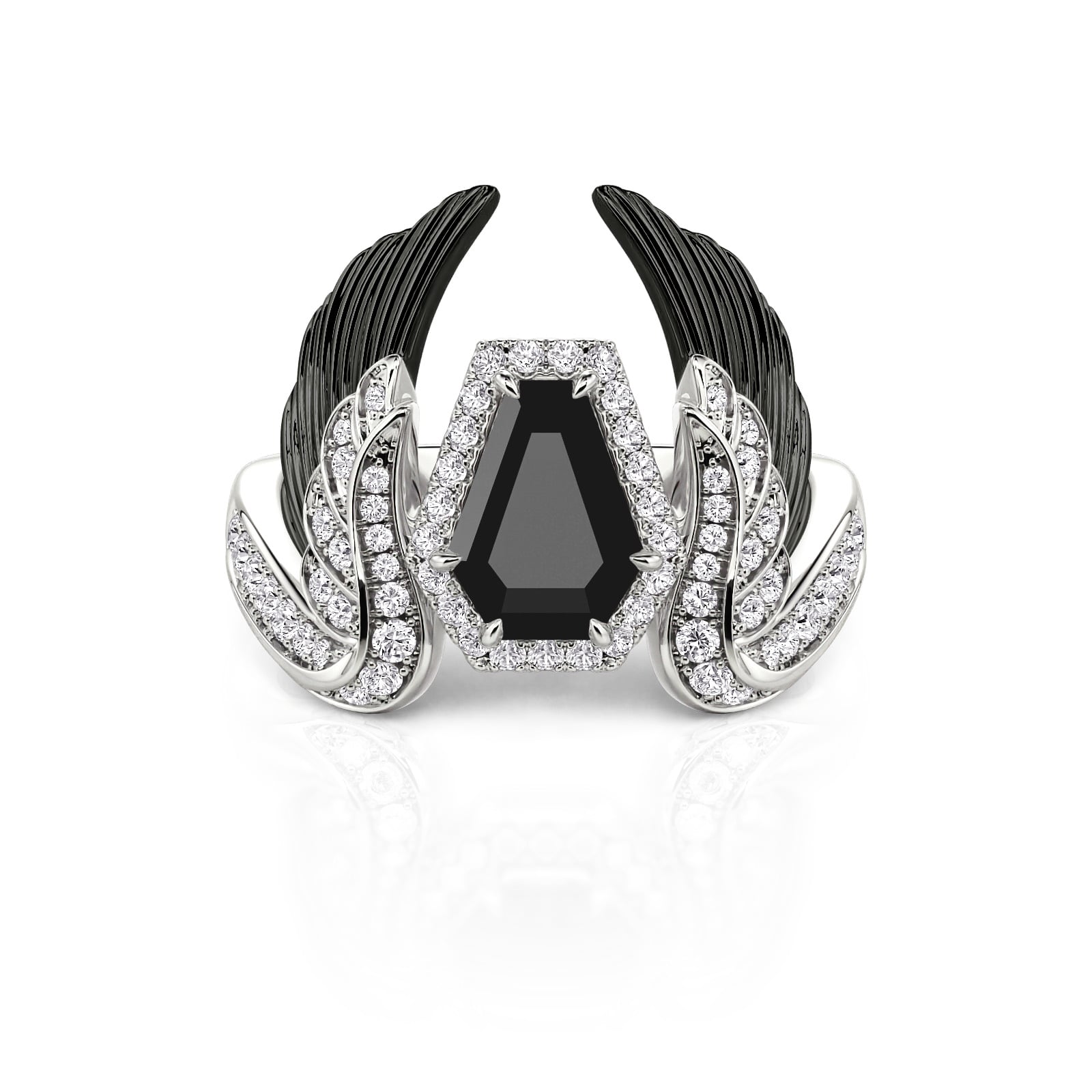 Jeulia Gothic Black Coffin Cut Halo Wing Ring Sterling Silver