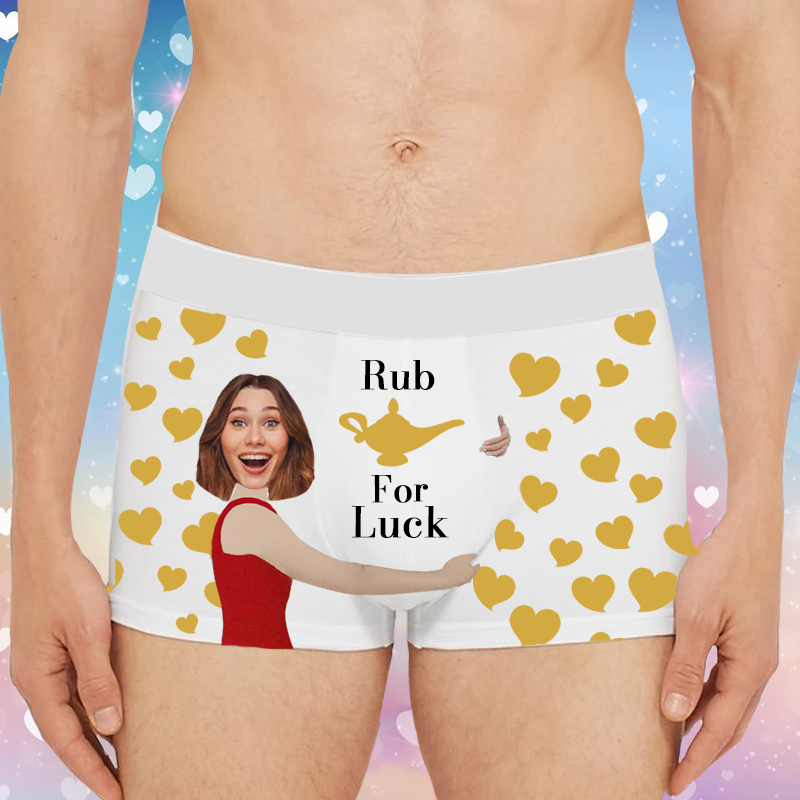 Boxer da uomo con foto personalizzata, regalo divertente per il fidanzato "Rub for Luck"