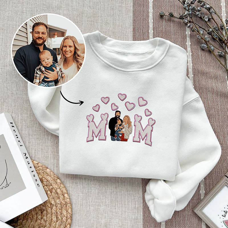 Personalized Sweatshirt Embroidered Custom Family Photo Mom Heart Design Exquisite Gift for Mother's Day