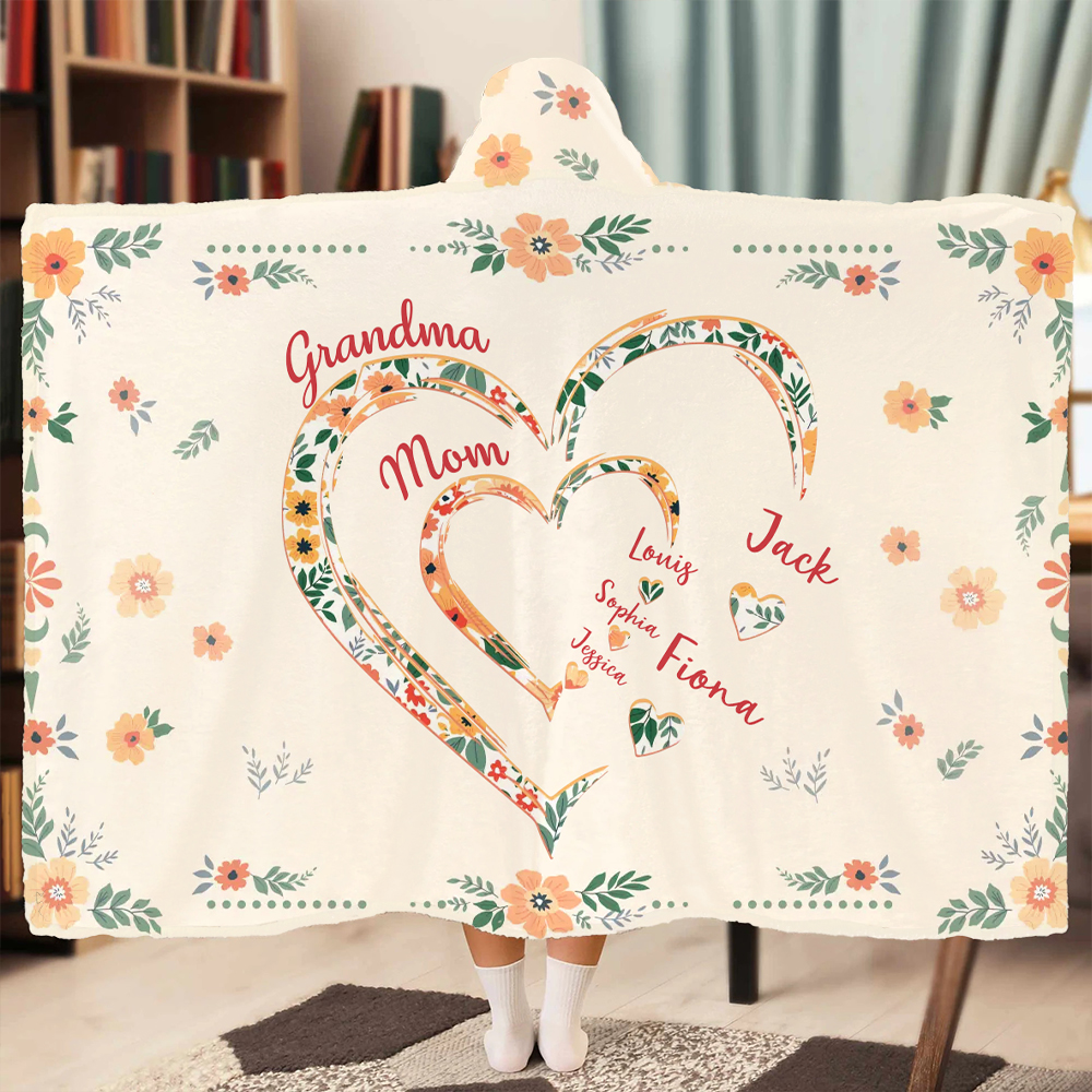 Personalized Name Wearable Blanket Hoodie with Flowers Pattern Warm Gift for Mother's Day
