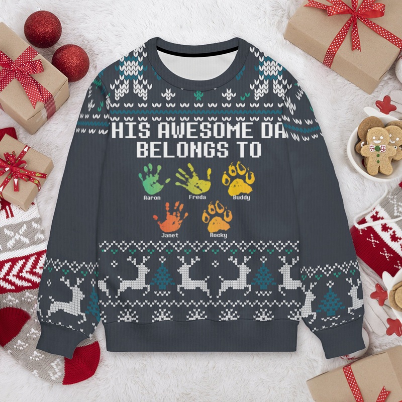 Suéter feo personalizado unisex. Este increíble papá pertenece a. Diseño de nombres personalizados. Regalo de Navidad para el querido papá.