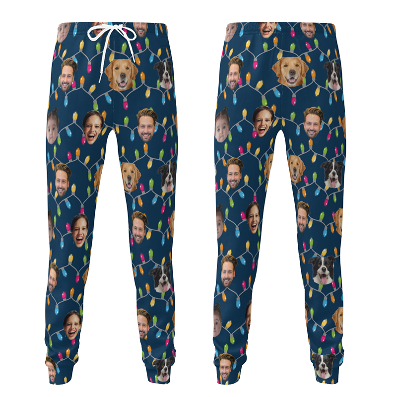Gepersonaliseerde unisex joggingbroek met foto van hoofd Lichtjesontwerp Kerstcadeau voor familie