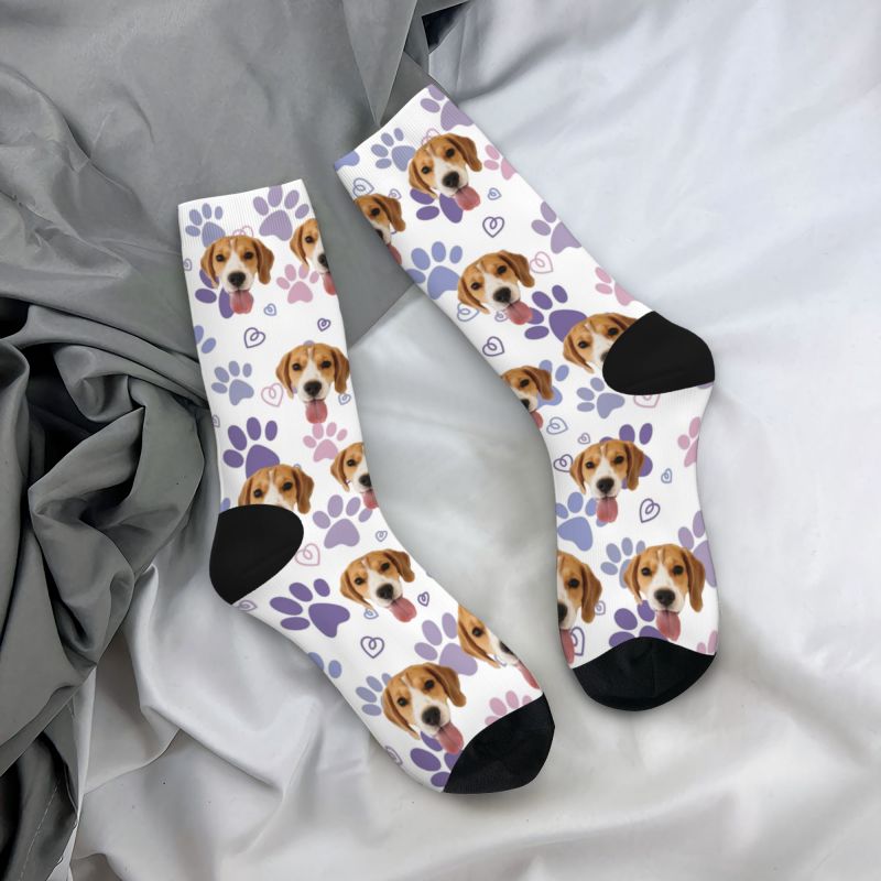 Personalized Face Socks with Cute Purple Dog Paw Prints to Add Pet Photos