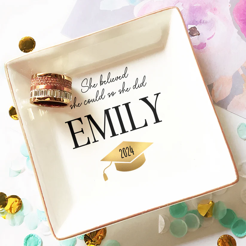 Personalized Name Jewelry Ring Dish with Graduation Cap Pattern Perfect Gift for Friend
